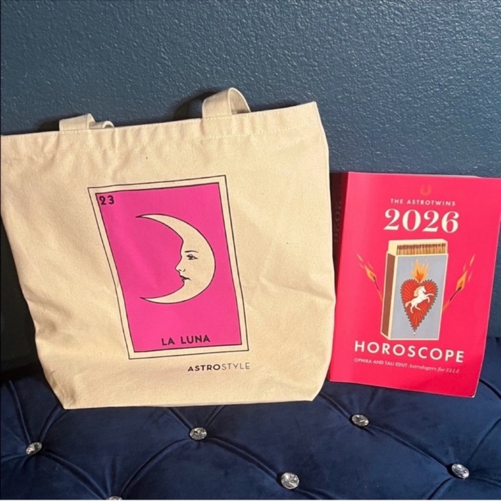 Astro Twins 2026 predictions book and La Luna tote bag